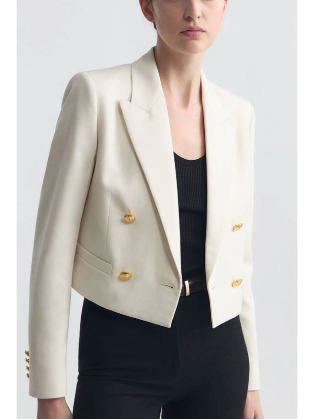 NILI LOTAN Beauregard Crop Double Breasted Wool Twill Blazer Jacket Stone 00